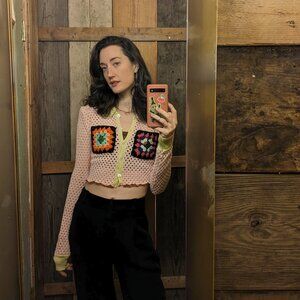 Upcycled Designer Long Sleeve Knit Granny Square Collared Crop Top Megan O'Cain